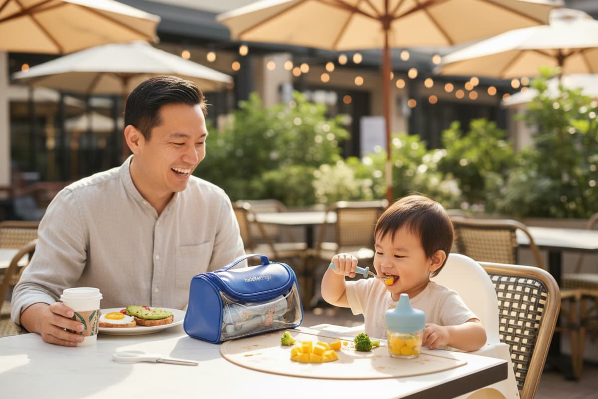 Dad and toddler eating on patio with kit