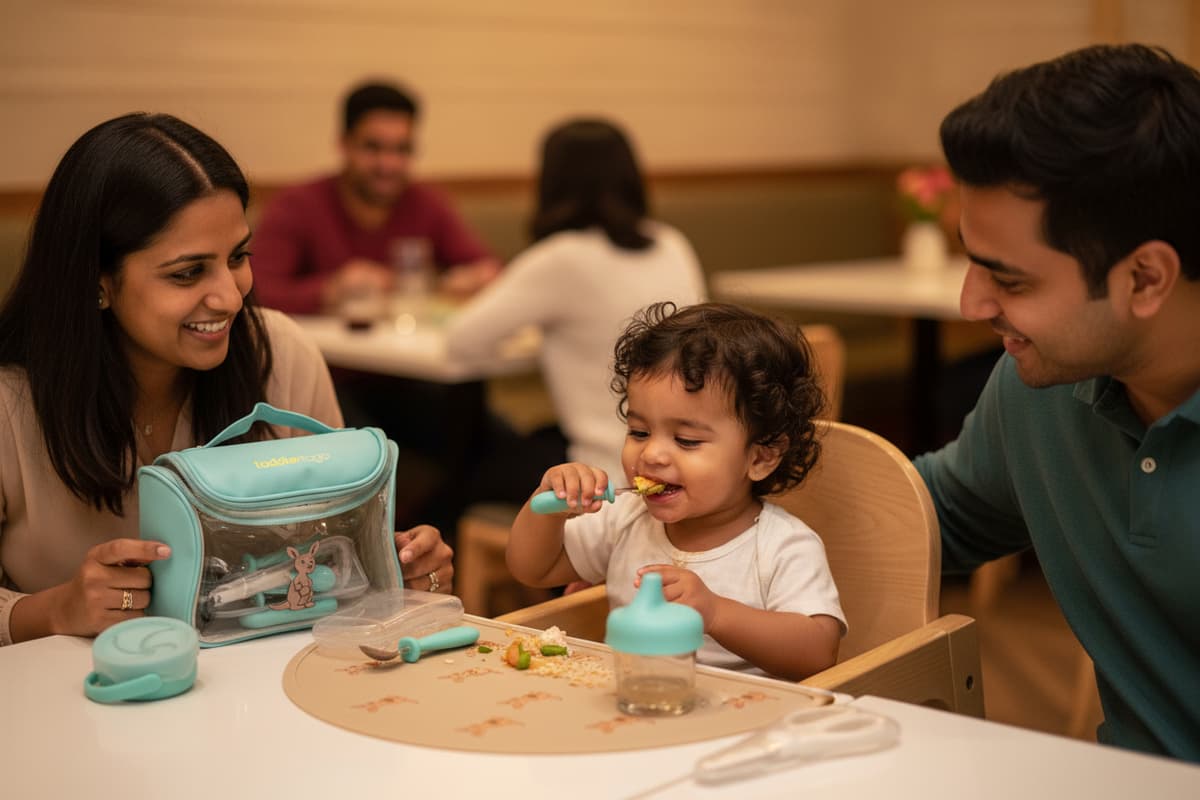 Family dining inside restaurant with kit