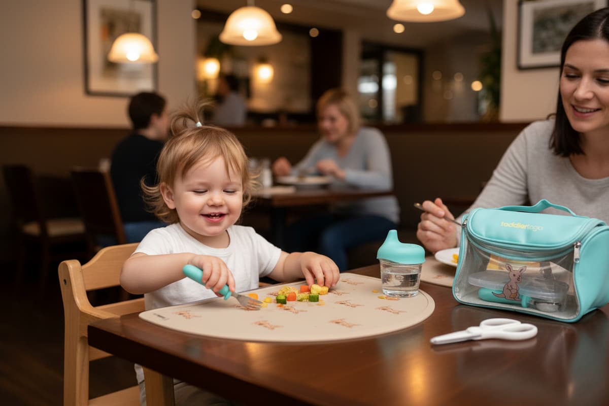 Toddler eating veggies with teal kit
